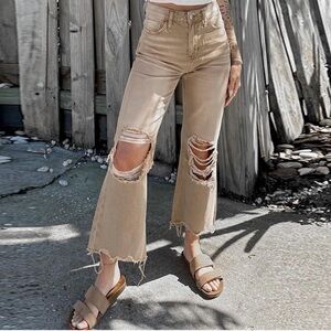 High Rise Light Brown Distressed Wide Leg Pants